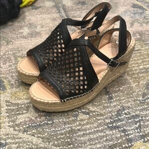 Franco Sarto Black Wedge Sandals with Perforated Design